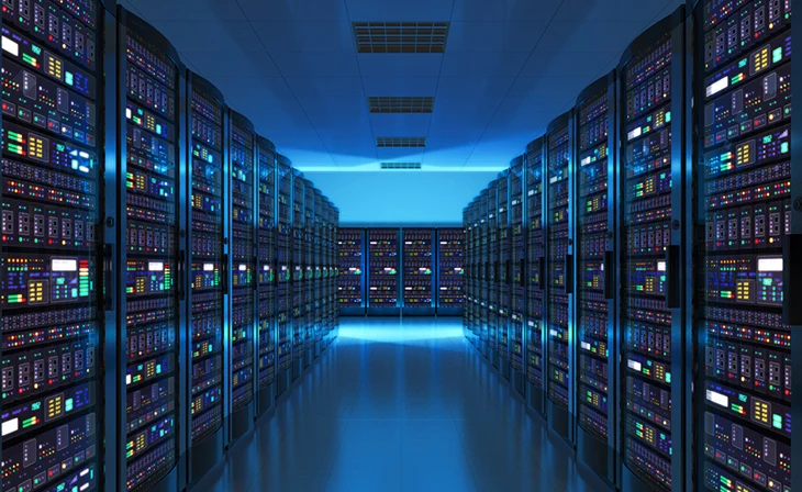 Rows of server racks inside a data centre